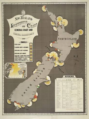 New Zealand lighthouse chart of general coast and principal harbour lights, 1900 Image: New Zealand lighthouse chart of general coast and principal harbour lights, 1900