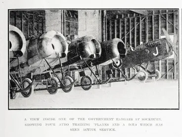 A view inside one of the Government hangars at Sockburn, showing four Avro training planes and a DH 9 which has seen active service Image: A view inside one of the Government hangars at Sockburn, showing four Avro training planes and a DH 9 which has seen active service