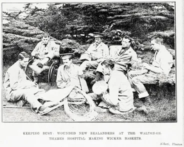 Image: Keeping busy: wounded New Zealanders at the Walton-on-Thames hospital making wicker baskets