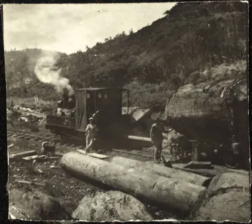 Image: Bush railway locomotive and kauri logs, near Piha