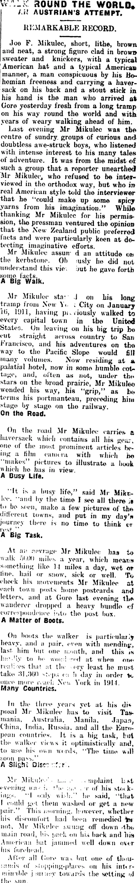 WALK ROUND THE WORLD. (Mataura Ensign 17-8-1911)