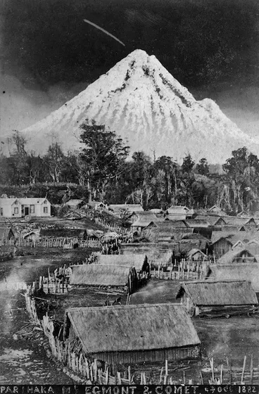 Image: View of a comet in the sky above Mt Egmont and Parihaka - Photograph taken by Thomas S Muir