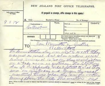 Image: Waihi Strike Telegrams from Police Commissioner John Cullen, 9 November 1912 (1 of 5)