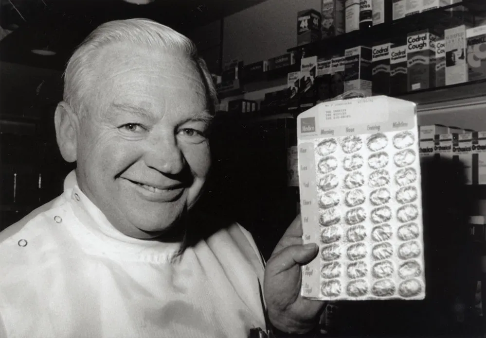 Peter Owles, pharmacist, with Medico blister pack.