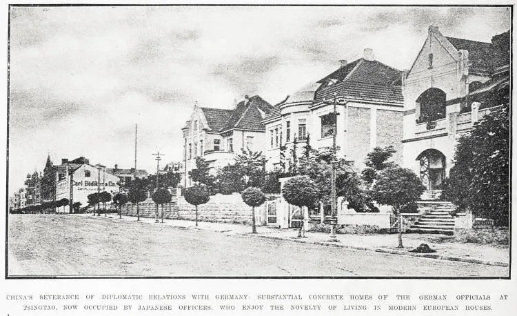 China's severance of diplomatic relations with Germany: substantial concrete homes of the German officials at Tsingtao, now occupied by Japanese officers who enjoy the novelty of living in modern European houses