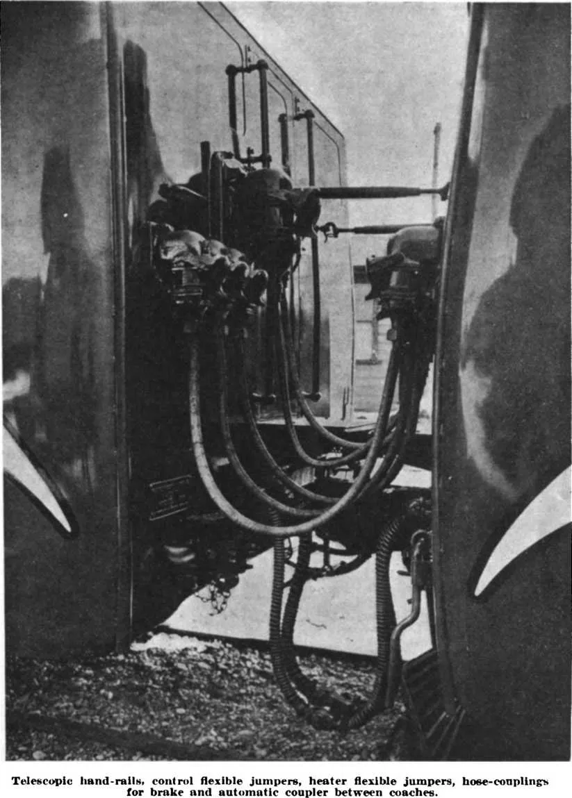 Telescopic hand-rails, control flexible jumpers, heater flexible jumpers, hose-couplings for brake and automatic coupler between coaches