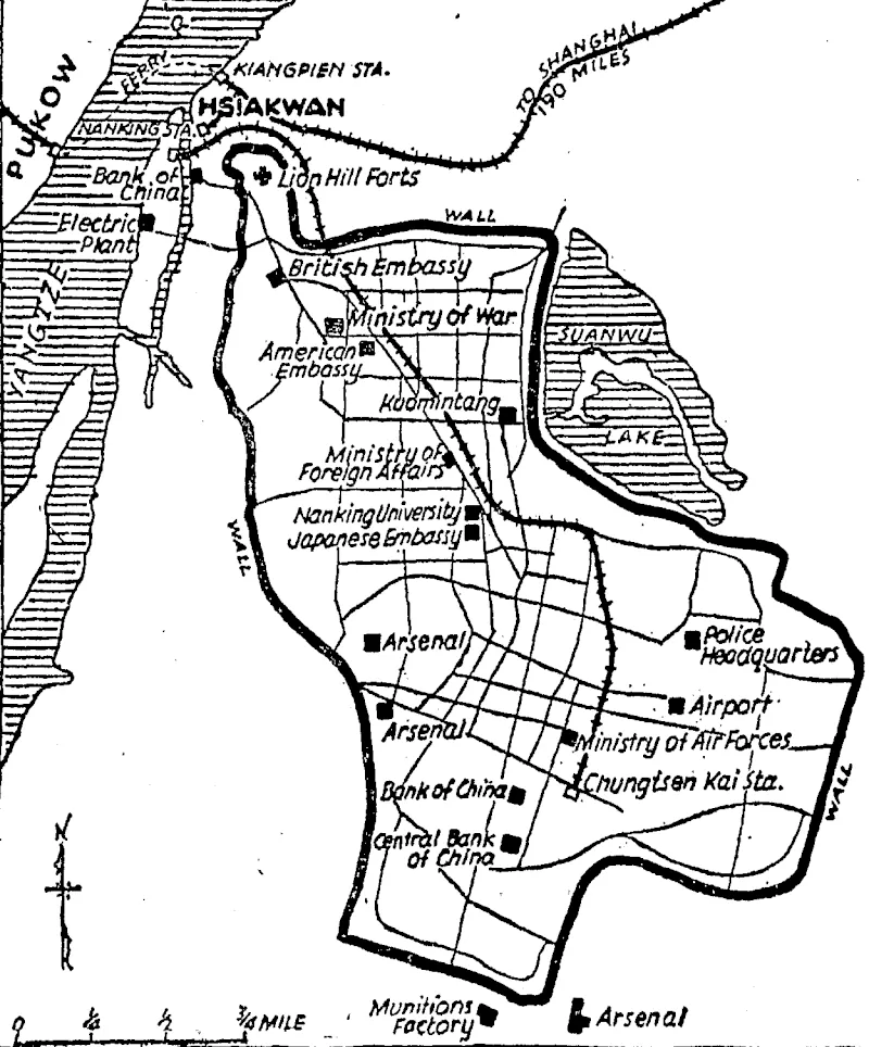 Map of Nanking, the Chinese southern capital, which is being attached by a Japanese army and is expected to fall to the invaders. The heavy line an the-map indicates the wall* of the city. (Evening Post, 09 December 1937)