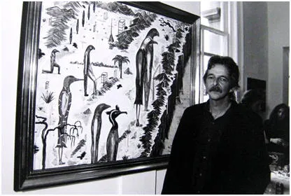 Bill Hammond with Wallace Arts Trust Paramount Award winning painting 'Watching for Buller', 1994