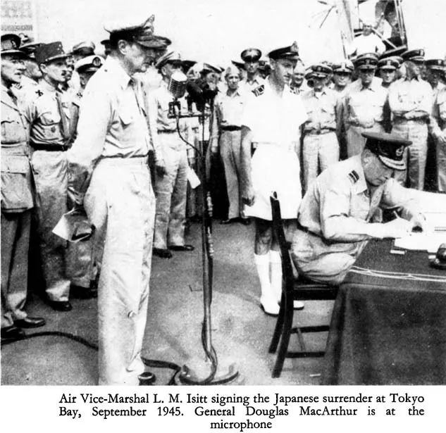 Air Vice-Marshal L. M. Isitt signing the Japanese surrender at Tokyo Bay, September 1945. General Douglas MacArthur is at the microphone