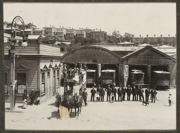 Image: Wellington Corporation horse drawn tram, and group, at the Tramways barns in Adelaide Road, Newtown, Wellington