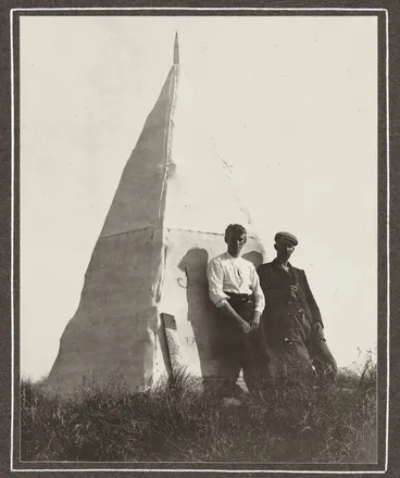 Image: Two men by trig station on Mount Dundas, Tararua Ranges