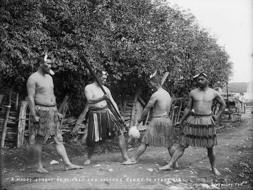 Image: Maori men, two holding taiaha