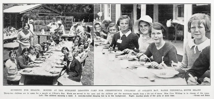 Sunshine for health: scenes at the Sunlight League's Camp for Christchurch children at O'Kain's Bay, Banks Peninsula, South Island