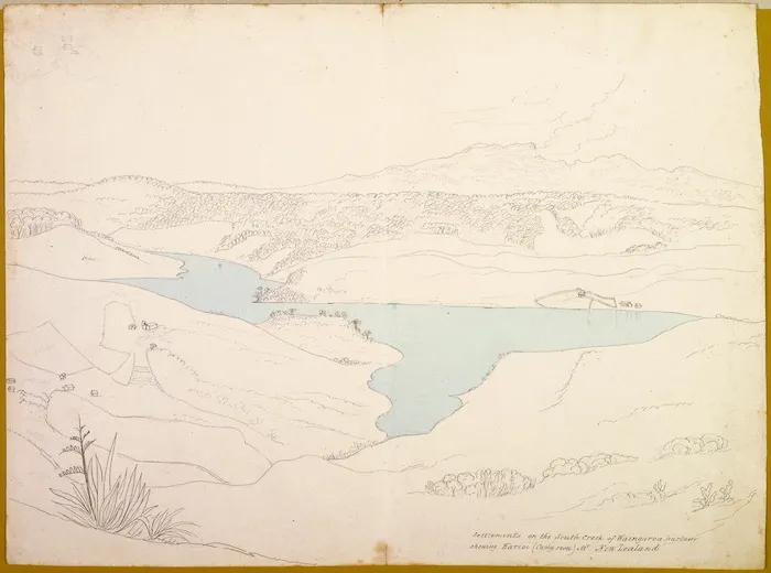 [Ashworth, Edward] 1814-1896 :Settlements on the South Creek of Waingaroa harbour shewing Karioi (carry owee) Mt., New Zealand. [1843]