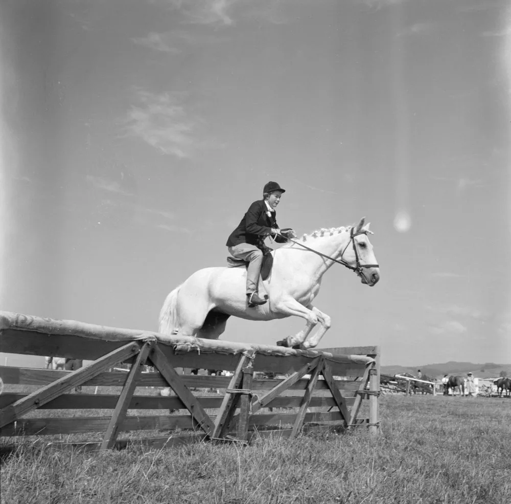 Maila Dodds jumping her horse at the A&P Show, 1961