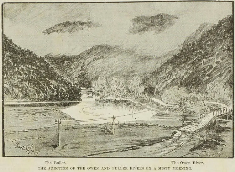 The junction of the Owen and Buller rivers on a misty morning