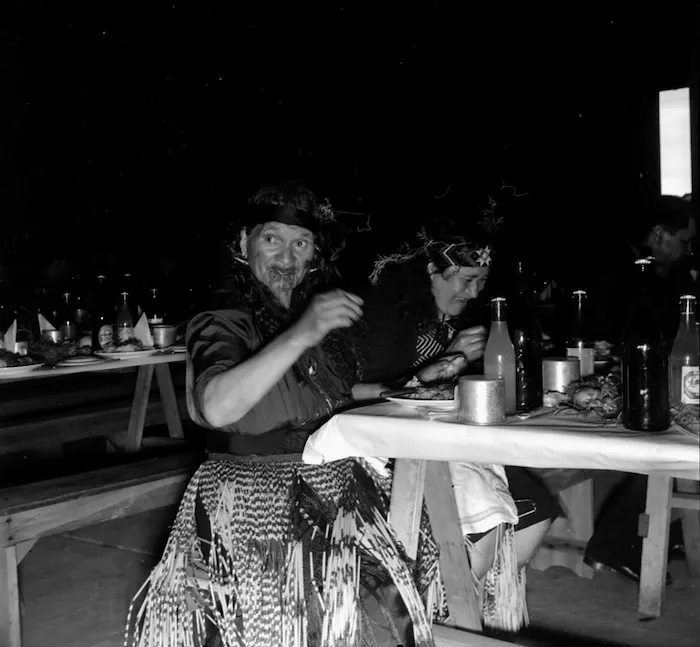 Unidentified Maori women at the hakari (feast) to celebrate the return of the Maori Battalion from World War 2