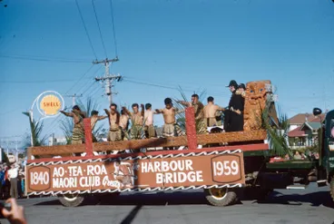 Image: Aotearoa Maori Club float, Auckland Harbour Bridge opening day parade, 1959