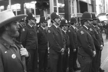 Police watching march from footpath, Queen Street. Anti Springbok Tour march Image: Police watching march from footpath, Queen Street. Anti Springbok Tour march