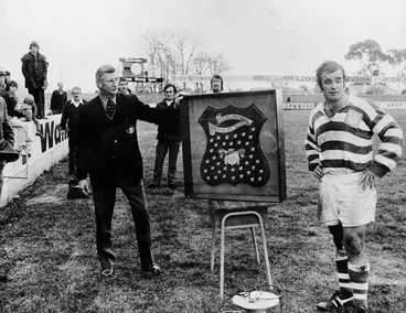 Image: P Henry presenting Waikato Breweries Rugby Shield at Rugby Park