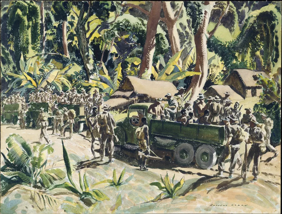 "A" Company going out, leaving Malsi, Mono Island, Treasury Islands