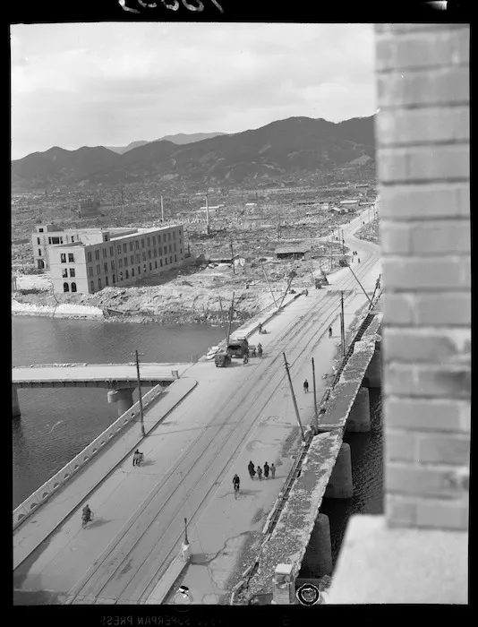 View of Hiroshima from Town Hall building showing main street and tramlines