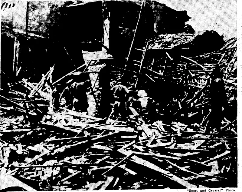 A scene of wreckage in one of the residential quarters of Canton after a squadron of Japanese,bombers : had passed 'over- the city. Many womenand'^children tDere'kitled during the raid. •■ / (Evening Post, 15 November 1937)
