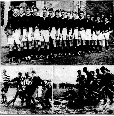 Image: Evening Post" Fnoto. WELLINGTON COLLEGE VICTORIOUS.—At top, the Wellington College team which won the inter-collegiate Rugby, tournament by defeating the Christ's College fifteen. Beloio, incidents during yesterday's matches,' showing the muddy condition of the playing areas. (Evening Post, 22 August 1933)