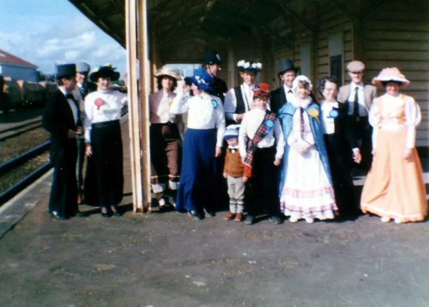 Shannon Variety Players on railway station platform, 1986