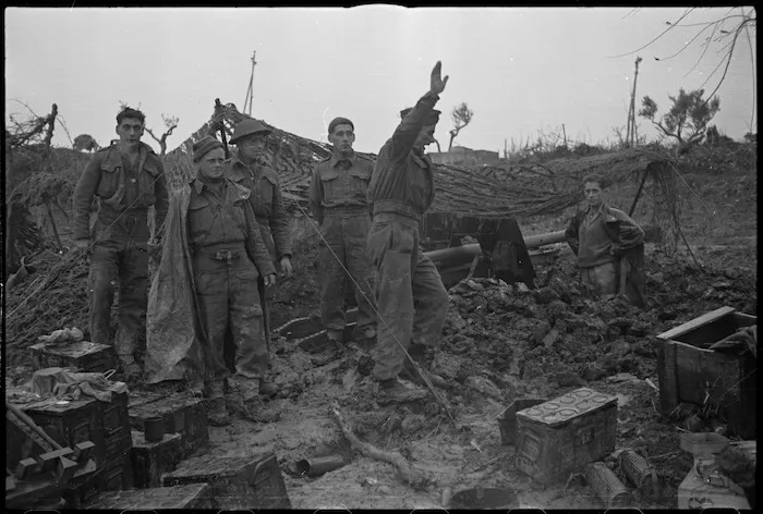 Scene showing difficult and muddy conditions experienced by New Zealand Artillery on the Italian Front, World War II - Photograph taken by George Kaye
