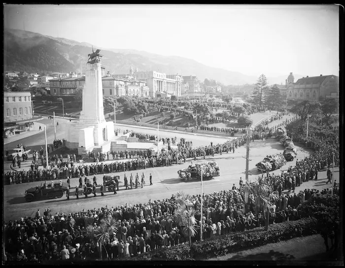 Michael Joseph Savage's funeral procession, Lambton Quay, Wellington