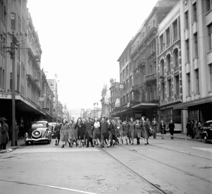 Singing in the street on VJ day, Wellington