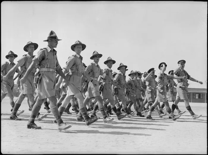 Close up of NZ Artillery troops marching past Brigadier Weir at Artillery Training Depot, Maadi, Egypt - Photograph taken by George Kaye