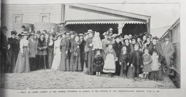 Group of men women and children present at the official excursion to Ormond at the opening of Gisborne-Karaka railway, 26 June 1902 Image: Group of men women and children present at the official excursion to Ormond at the opening of Gisborne-Karaka railway, 26 June 1902