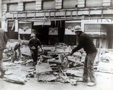 Image: Workmen clearing earthquake debris outside Bullick & Blackmore and Hannahs : Photograph