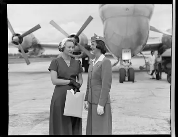 Image: Pan American World Airways, unidentified woman and Air Hostess at Whenuapai Airbase, Auckland