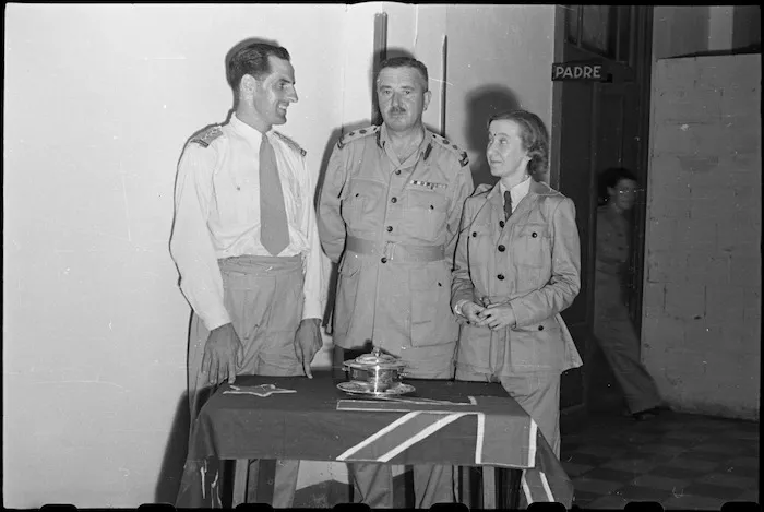 Captain G Laurensen, Colonel D Pottinger and Matron M Chisholm at Molfetta, Italy, prior their furlough to New Zealand - Photograph taken by George Bull