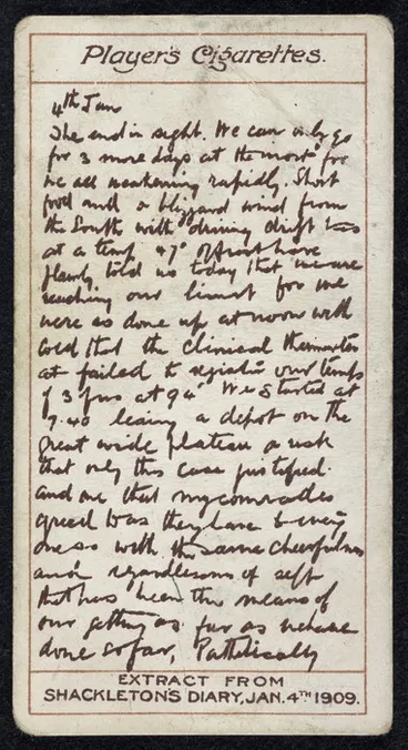 Image: John Player & Sons Ltd: An extract from Sir Ernest Shackleton's diary, Jan. 4th 1909 [1915].