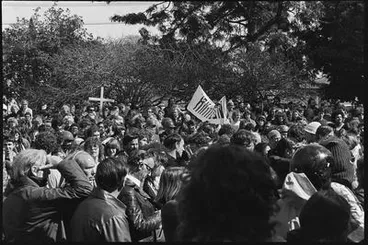 Protesters gather under the Hamilton banner at Fowlds Park Image: Protesters gather under the Hamilton banner at Fowlds Park