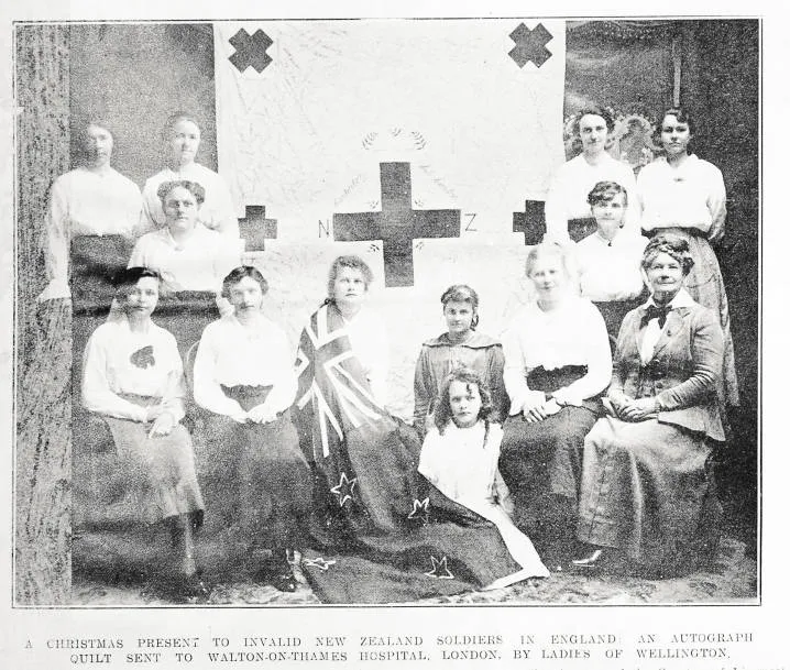 A Christmas present to invalid New Zealand soldiers in England: an autograph quilt sent to Walton-on-Thames Hospital, London, by ladies of Wellington