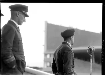 Image: Arrival of the Southern Cross at Wellington, possibly Trentham. C Kingsford Smith and [C P Ulm?] at microphone