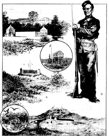 Image: PORTS OF THE WAR DAYS.  These pictures show typical British fortified posts of the old war days in New Zealand. Fig. 1.—Fort Richmond, Lower Hutt, Wellington, was erected by the local settlers in 1844 as a means of protection against the hostile natives. It was constructed under the direction of Captain Compton, an enterprising settler of the Hutt, and was modelled on tha designs of American frontier forts. Fig 2.—The block house a,t Orakau, Upper Waikato. erected near the scene of the famous battle of 1864. It was garrisoned for several years by a foici of armed constabxi'ary as a precaution against expected Hsuihau raids on the frontier settlements. The blockhouse was surrounded by a palisade fence with a Maori carved figure over its gateway. Fig. 3.—A settler-so'.dier of the "sixties" in the imiforni of the Waikato Rifles. Fig 4.—The Oinata stockade near New Plymouth, built at tho beginning of the "sixties," and garrisoned by a company of soldiers. It was built of rough-hewn timbei, slabbed on the inside to render it bulletproof, and had a ditch of 10ft surrounding it. The fort was square, and had two high flanking angles a opposite corners, commanding the entrance. Fig. 5.—The Bell blockhouse and stockade, one of the principal fortifications in Taranaki during the time of the first war there. The blockhouse was at first garrisoned by 50 militia and volunteers, afterwards by 150 British regulars, who constructed an entrenched camp immediately adjoining. Fig. 6.—One of the old-fashioned muzzle-loading ship's cannon used in the forts during war times. (Otago Witness, 21 December 1904)