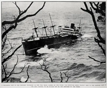 Image: A broadside view of the wrecked Wiltshire as she was being lashed by the storm
