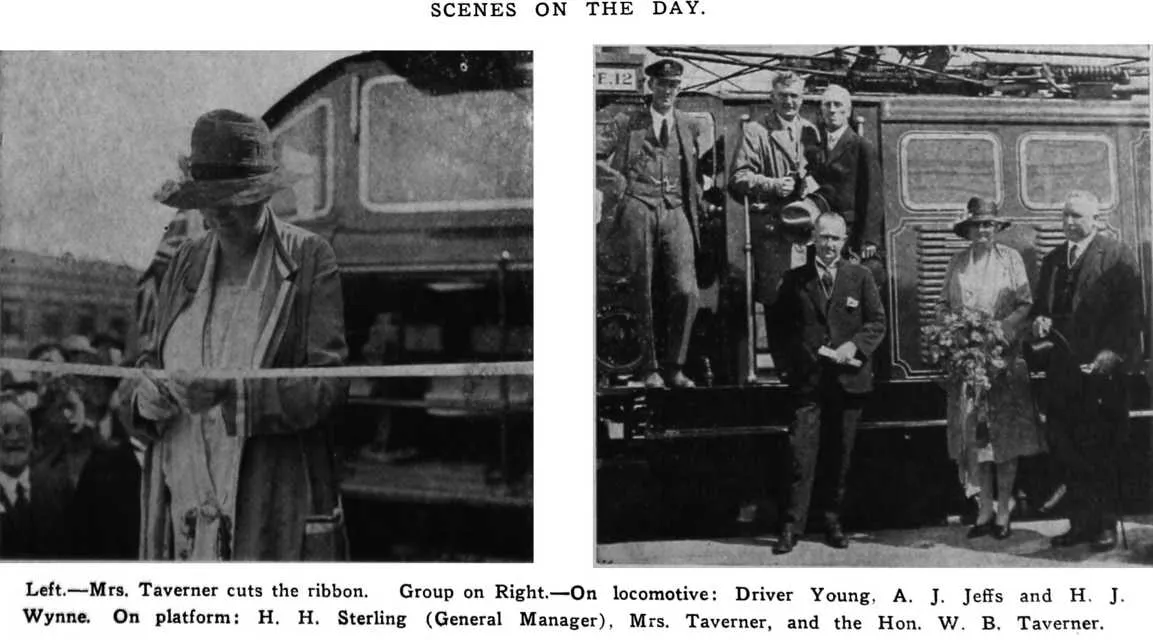 Scenes on the Day. — Left.—Mrs. Taverner cuts the ribbon. Group on Right.—On locomotive: Driver Young, A. J. Jeffs and H. J. Wynne. On platform: H. H. Sterling (General Manager), Mrs. Taverner, and the Hon. W. B. Taverner