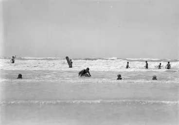 Image: Surfers and swimmers, New Brighton beach, Christchurch