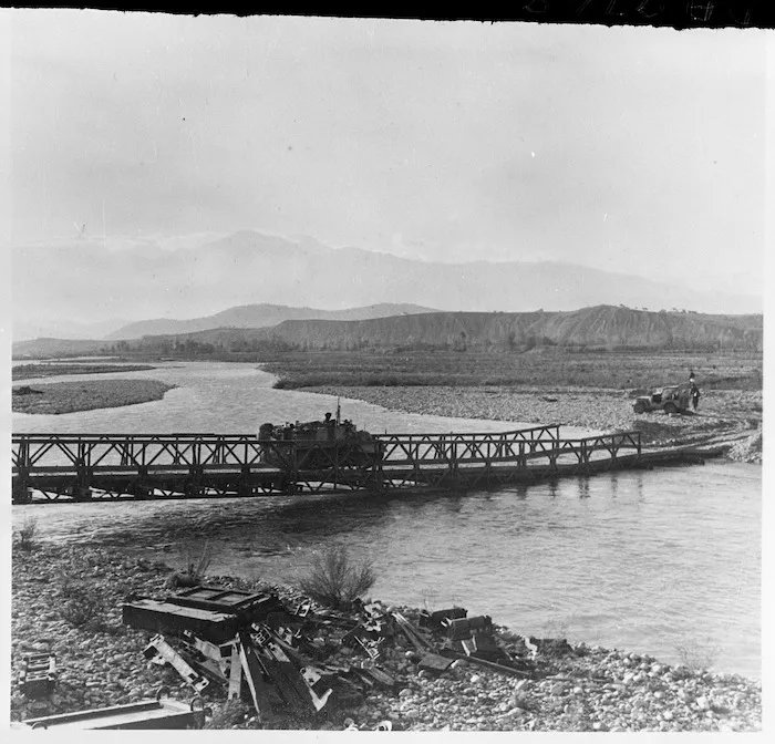 Truck crossing a Bailey bridge over the Sangro River, Italy