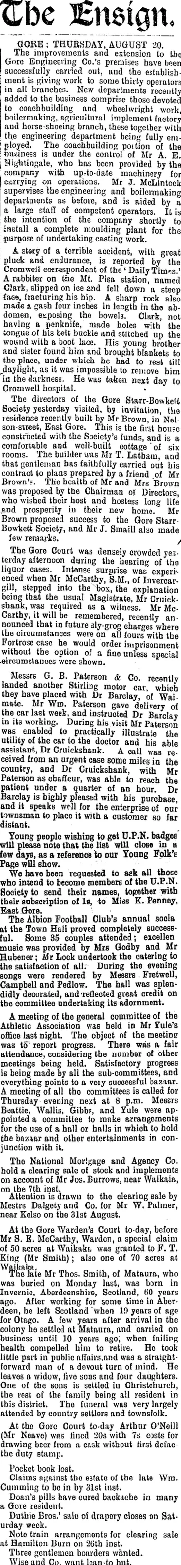 Image: The Ensign. GORE: THURSDAY, AUGUST 20. (Mataura Ensign 20-8-1903)