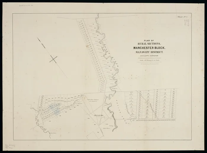 Plan of rural sections, Manchester Block, Manawatu District [electronic resource] ; Plan of suburban sections, town of Feilding, Manchester Block, Manawatu District / F. Gillett, surveyor.