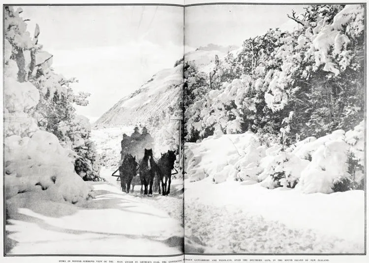 Otira in winter : striking view of the mail coach in Arthur's Pass, the connecting road between Canterbury and Westland, over the southern alps, in the South Island of New Zealand