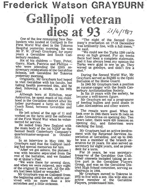 Obituary: Frederick Watson Grayburn, Gallipoli veteran dies at 93